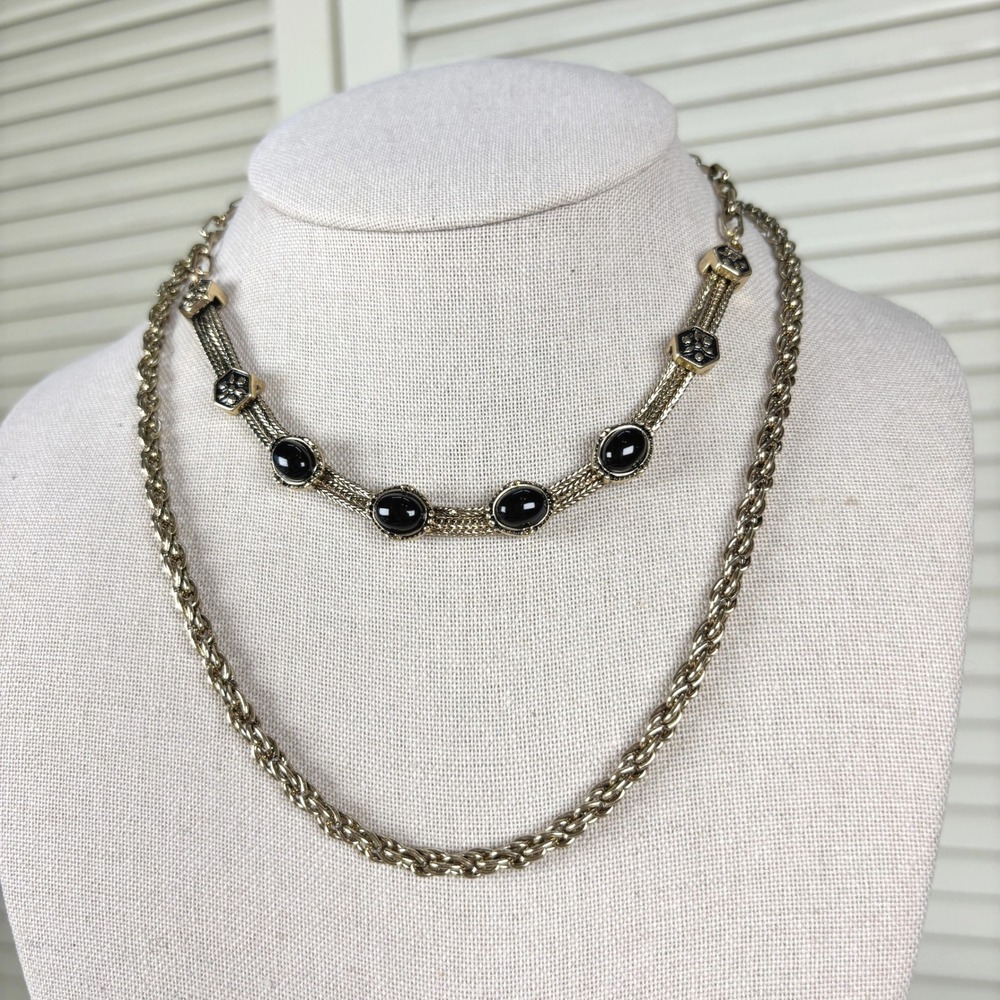 Striking Art Deco Revival Black Glass Necklace Gold Tone Layered Chain Geometric